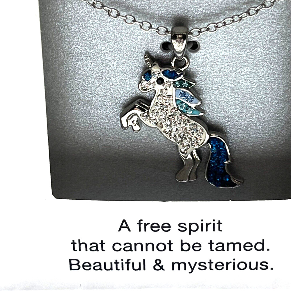 Kohls Blue Crystal Unicorn Pendant Silver Tone Necklace Light Blue 18" Chain Box